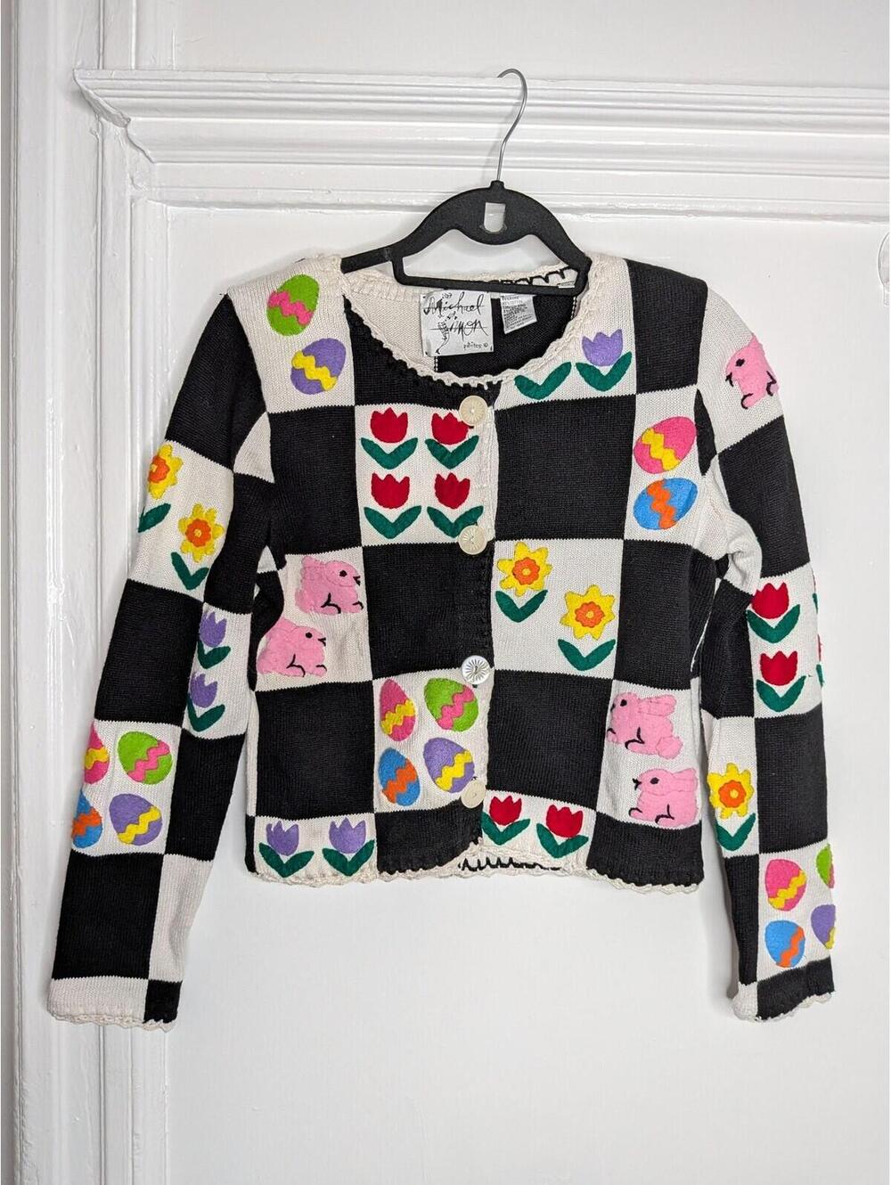 VTG Michael Simon Sweater Cardigan P/P Kitsch Easter 90s Grandmacore Novelty